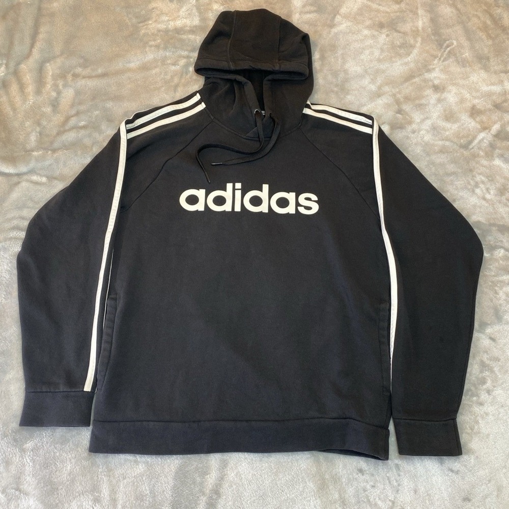 adidas Hoodie Men Small Black Pullover 3-Stripe Logo Fleece Sweatshirt